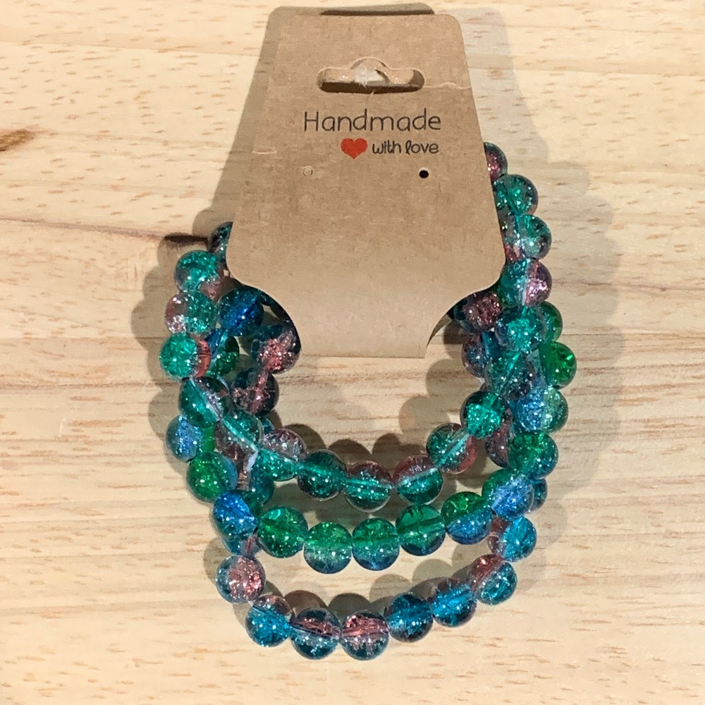 Handmade Beaded Bracelet Women OS 3PC Set Crackle Glass Teal Blue Mermaidcore